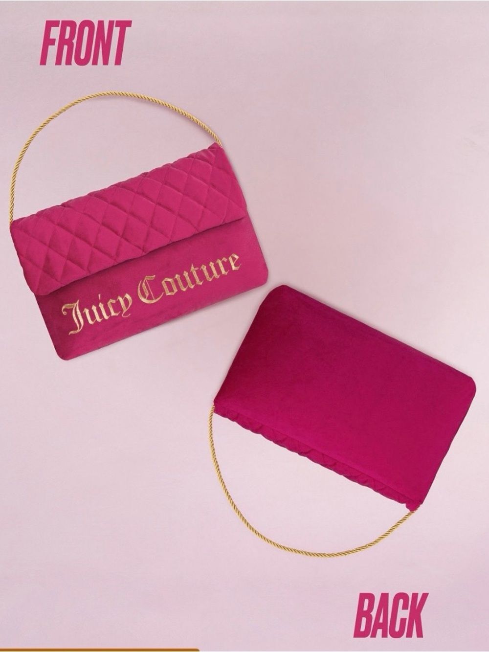 Juicy Couture Hot Pink w/Gold Rope & Embroidered Logo Purse Style Pillow NWT - Picture 8 of 8